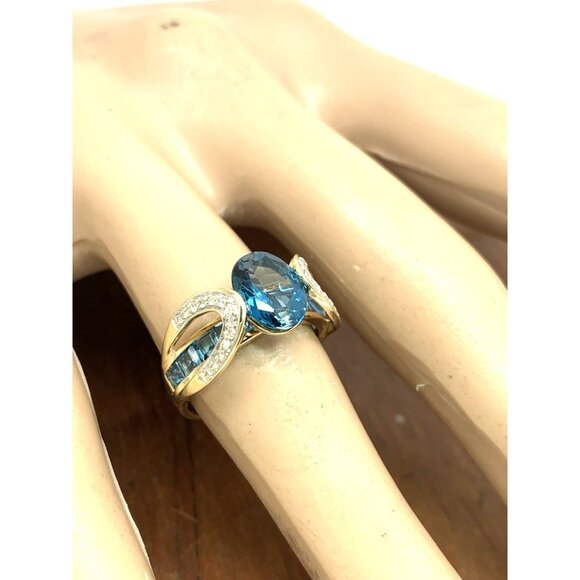 Blue Gemstone Diamond Cocktail Ring 10k Yellow Gold Estate Jewelry Womens Size 6 - Picture 7 of 14